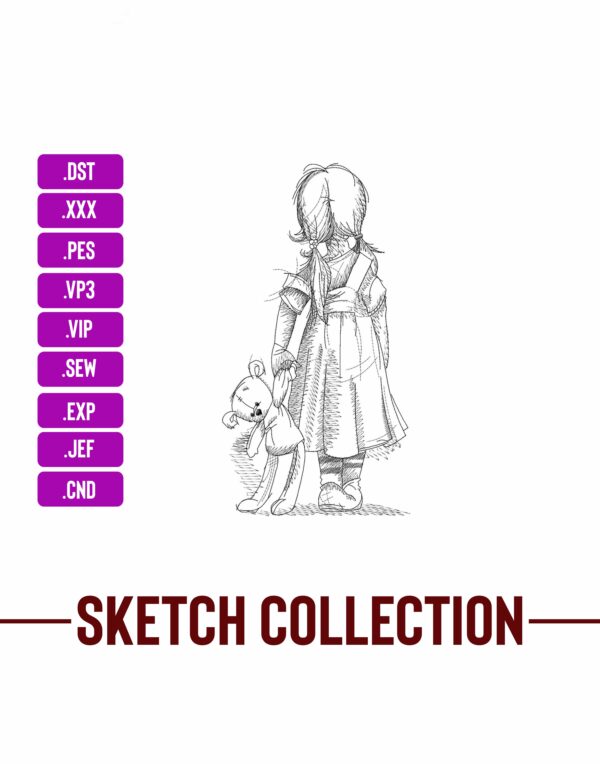 Little Girl With bear Machine Embroidery Sketching Embroidery Designs Machine Embroidery Patterns – Digital Download